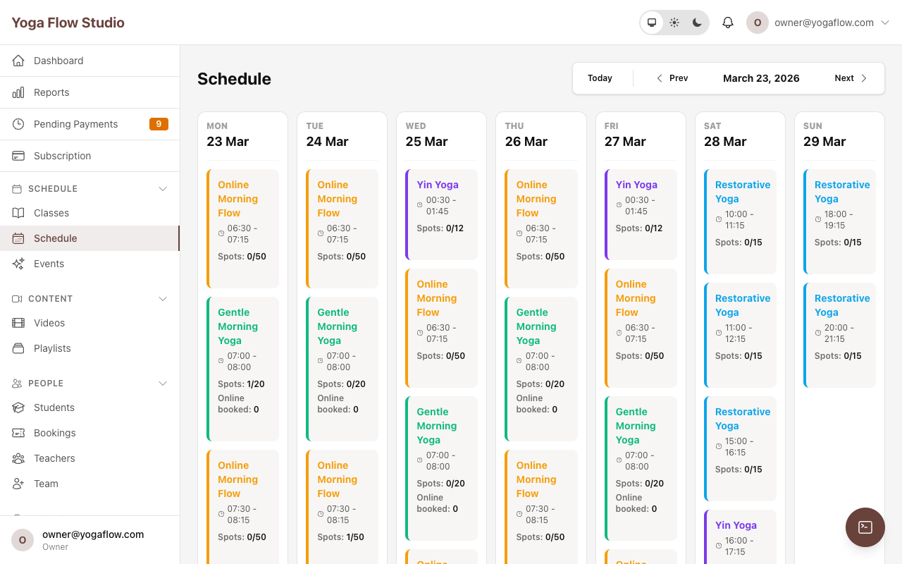 Studio schedule view showing weekly class cards